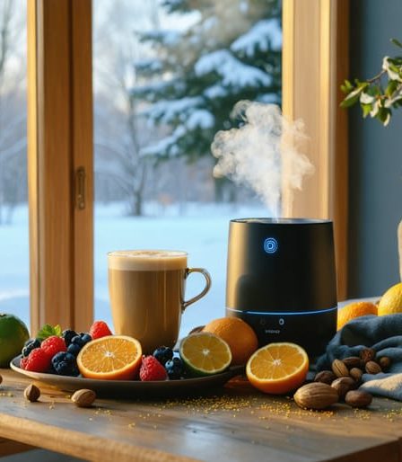 A warm indoor setting with a snowy window view, featuring a humidifier, warm drink, and winter superfoods on a table, symbolizing a holistic approach to winter wellness.