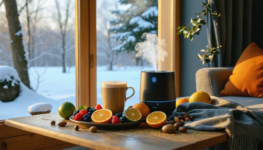 A warm indoor setting with a snowy window view, featuring a humidifier, warm drink, and winter superfoods on a table, symbolizing a holistic approach to winter wellness.