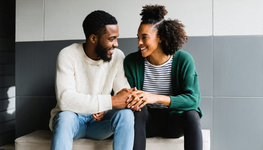 Interracial couple demonstrating different cultural communication styles through body language and gestures