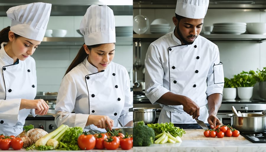 Side-by-side comparison of formal culinary education and practical kitchen training