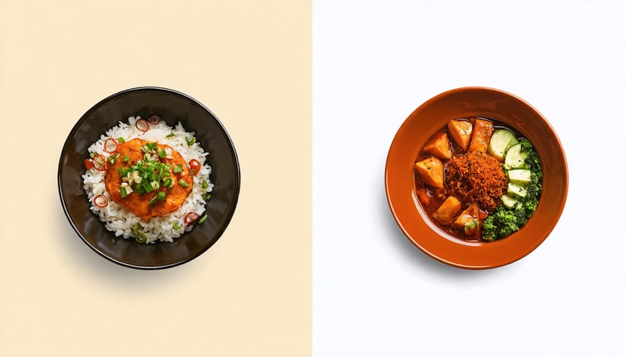 Side-by-side preparation of fusion dishes combining ingredients from different cultural cuisines