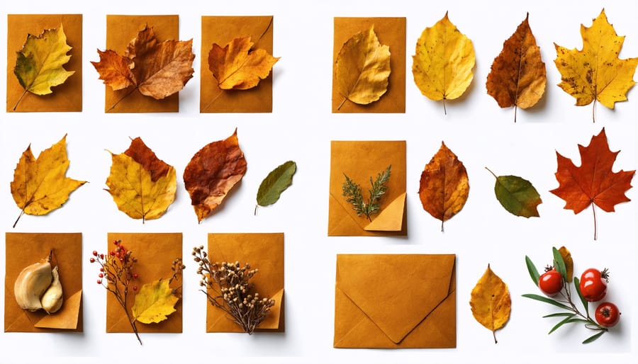 Four-panel image showing process of creating nature-inspired holiday card with pressed leaves