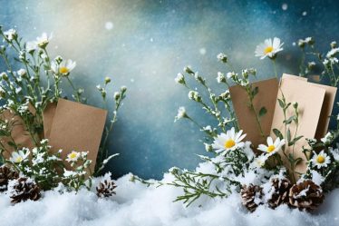 Serene winter landscape with blooming wildflowers emerging from beneath the snow, interspersed with recycled paper and seed packets, representing eco-friendly holiday cards.