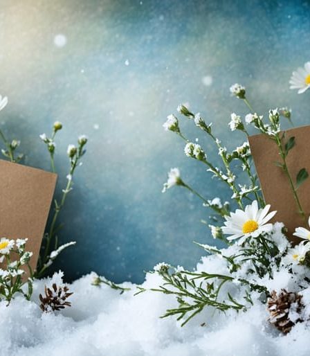 Serene winter landscape with blooming wildflowers emerging from beneath the snow, interspersed with recycled paper and seed packets, representing eco-friendly holiday cards.