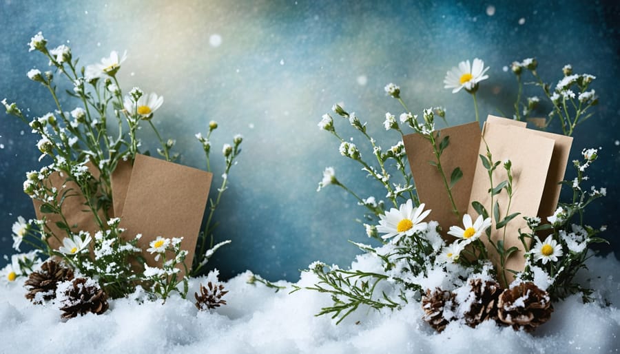 Serene winter landscape with blooming wildflowers emerging from beneath the snow, interspersed with recycled paper and seed packets, representing eco-friendly holiday cards.