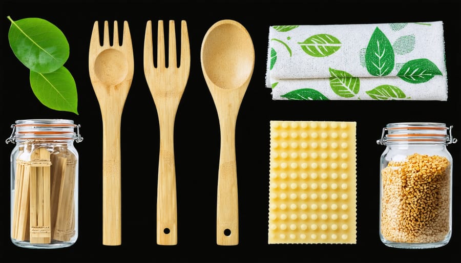 Display of used sustainable kitchen products showing signs of wear and breakdown