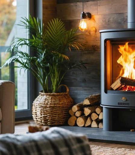 A cozy living room showcasing a modern pellet stove, symbolizing energy efficiency and sustainability with warmth emanating from the stove.