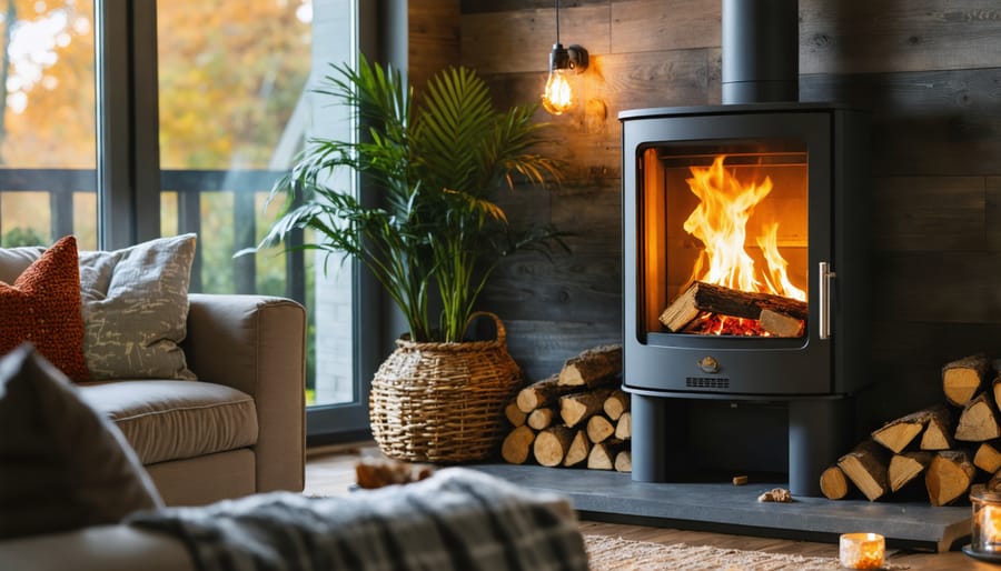 A cozy living room showcasing a modern pellet stove, symbolizing energy efficiency and sustainability with warmth emanating from the stove.