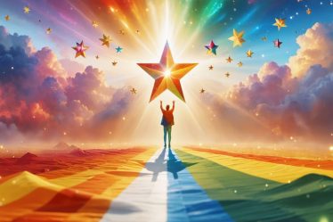 Conceptual illustration of a star evolving through a spectrum of colors, symbolizing Elliot Page's journey of self-discovery and transformation in Hollywood.