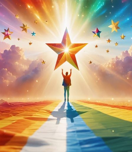 Conceptual illustration of a star evolving through a spectrum of colors, symbolizing Elliot Page's journey of self-discovery and transformation in Hollywood.