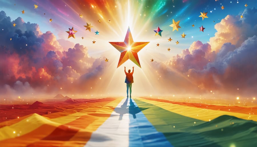 Conceptual illustration of a star evolving through a spectrum of colors, symbolizing Elliot Page's journey of self-discovery and transformation in Hollywood.