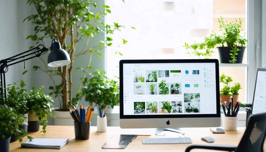 Well-organized home office featuring ergonomic furniture, greenery, and good lighting