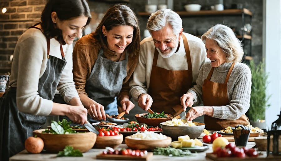 Three generations of family members cooking traditional recipes together, sharing knowledge and stories