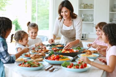 A busy mom thoughtfully serving a colorful, nutritious homemade dinner to her family of six, all gathered happily around a well-set dining table.