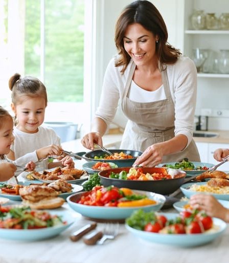 A busy mom thoughtfully serving a colorful, nutritious homemade dinner to her family of six, all gathered happily around a well-set dining table.