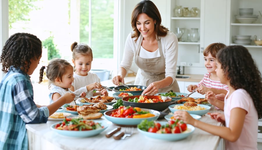 A busy mom thoughtfully serving a colorful, nutritious homemade dinner to her family of six, all gathered happily around a well-set dining table.