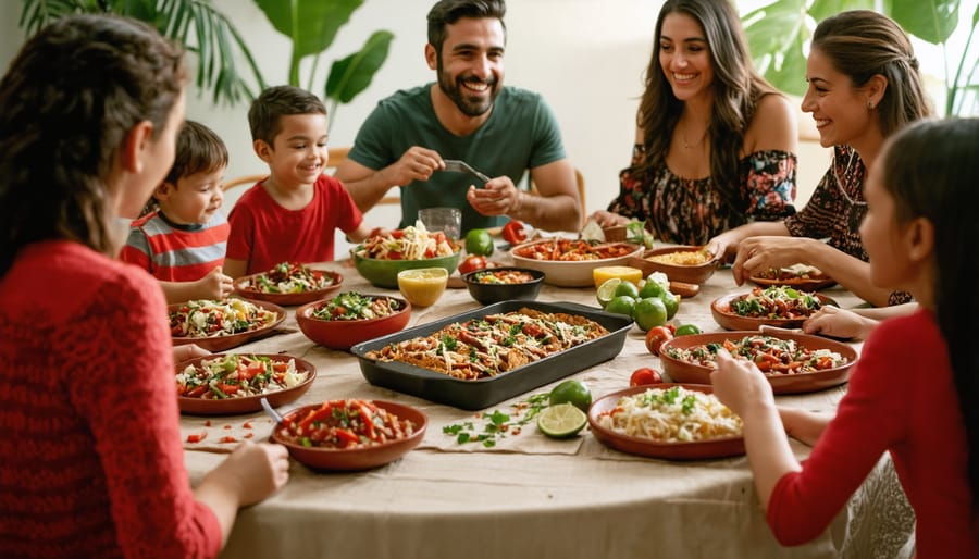 Happy family of six enjoying a colorful sheet pan dinner with Mexican-inspired dishes