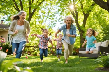 Multi-generational family joyfully playing a game of tag in a backyard filled with greenery and sunshine, showcasing the delight of outdoor family bonding.