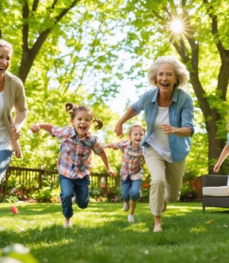 Multi-generational family joyfully playing a game of tag in a backyard filled with greenery and sunshine, showcasing the delight of outdoor family bonding.