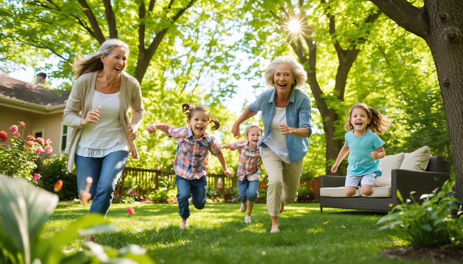 Multi-generational family joyfully playing a game of tag in a backyard filled with greenery and sunshine, showcasing the delight of outdoor family bonding.