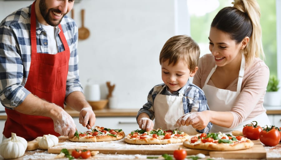 Parents and children working together to create personalized pizzas with various toppings