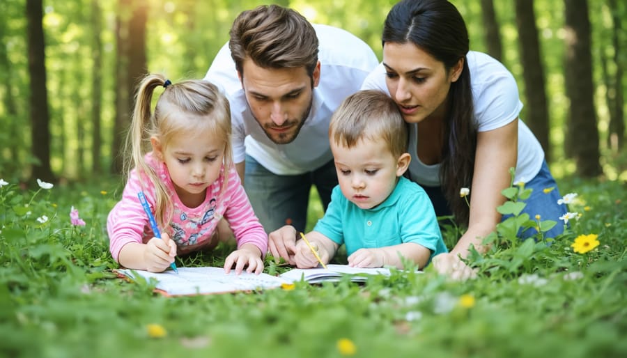 Parents and children participating in an outdoor scavenger hunt, looking at leaves and natural objects