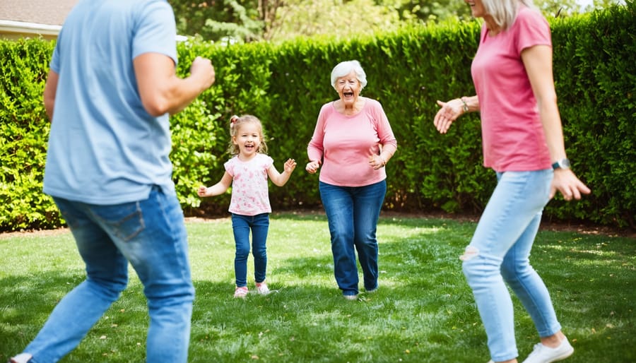 Family members of different ages enjoying a game of tag, smiling and running in a garden setting