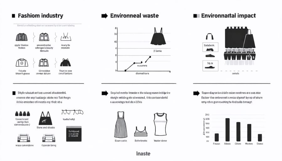 Visual representation of fashion industry environmental statistics including water usage, carbon emissions, and textile waste numbers