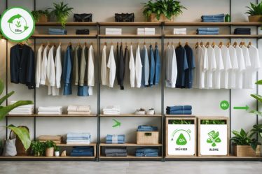 Stylishly organized closet featuring sustainable fashion items, showcasing high-quality and eco-friendly clothing like a classic white shirt, jeans, and a blazer, in a minimalistic and conscious design.