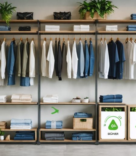 Stylishly organized closet featuring sustainable fashion items, showcasing high-quality and eco-friendly clothing like a classic white shirt, jeans, and a blazer, in a minimalistic and conscious design.