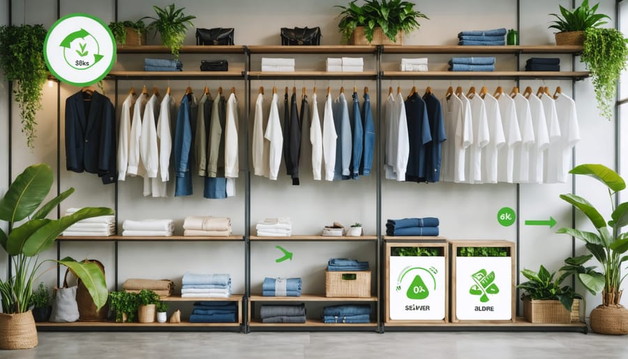 Stylishly organized closet featuring sustainable fashion items, showcasing high-quality and eco-friendly clothing like a classic white shirt, jeans, and a blazer, in a minimalistic and conscious design.