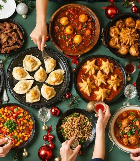 A vibrant and diverse holiday table showcasing traditional dishes from Italy, Germany, China, Mexico, and Brazil, emphasizing cultural connections through food.