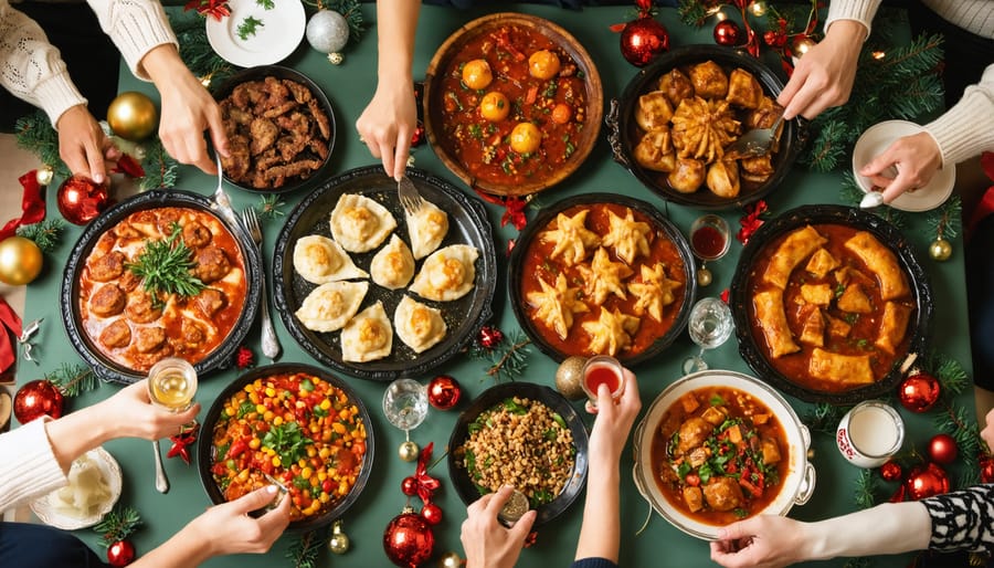 A vibrant and diverse holiday table showcasing traditional dishes from Italy, Germany, China, Mexico, and Brazil, emphasizing cultural connections through food.