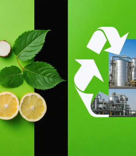 Contrasting image showing eco-friendly product packaging with green marketing claims versus their actual environmental impact during production.