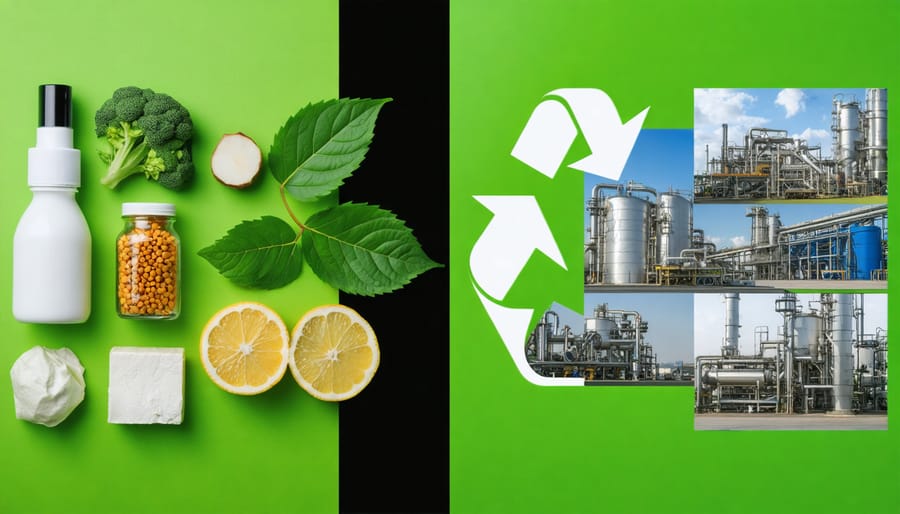 Contrasting image showing eco-friendly product packaging with green marketing claims versus their actual environmental impact during production.