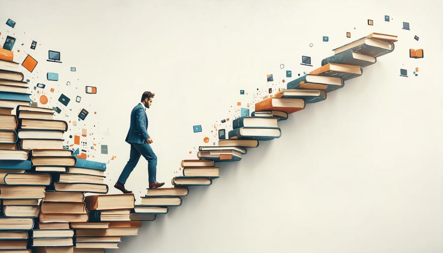 Person ascending stairs made of learning materials, representing continuous professional development