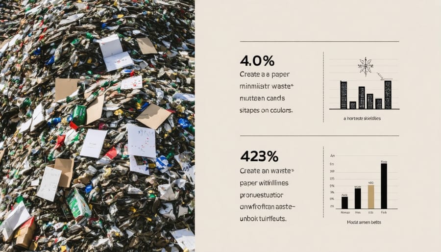 Split image showing holiday cards in landfill with environmental impact statistics overlay