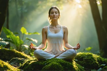 A calm woman meditating in a verdant natural environment, illuminated by soft sunlight, symbolizing the connection between inner wellness and outer radiance.