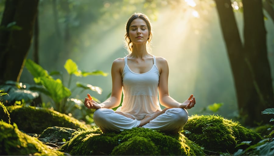 A calm woman meditating in a verdant natural environment, illuminated by soft sunlight, symbolizing the connection between inner wellness and outer radiance.