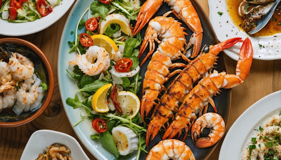 Traditional Italian Christmas Eve seafood dishes arranged on a festive table with holiday decorations