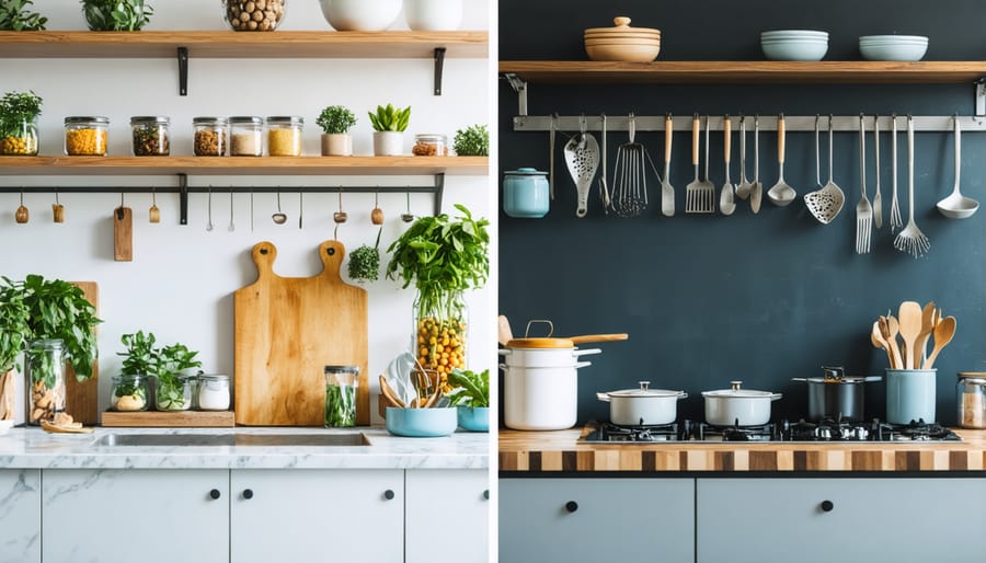 Side-by-side comparison of an organized and cluttered kitchen workspace