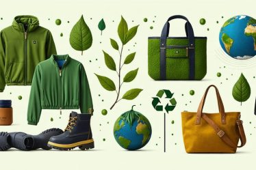 Collection of L.L.Bean eco-friendly fashion items, featuring Bean Boots, a fleece jacket made from recycled bottles, and a tote bag from recycled canvas, highlighting the brand’s sustainable materials and practices.