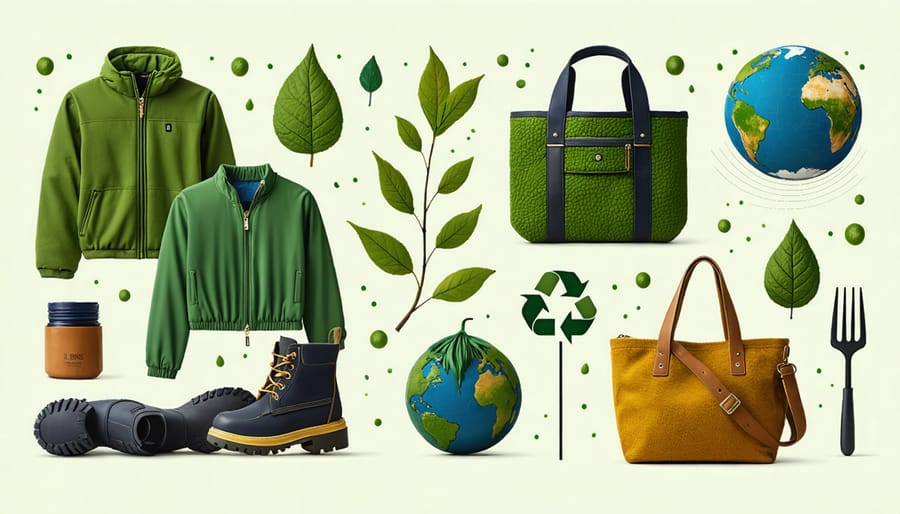 Collection of L.L.Bean eco-friendly fashion items, featuring Bean Boots, a fleece jacket made from recycled bottles, and a tote bag from recycled canvas, highlighting the brand’s sustainable materials and practices.