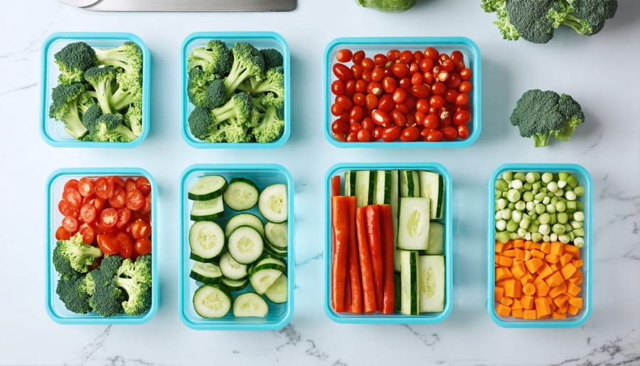 Neatly arranged meal prep containers with colorful pre-chopped vegetables and ingredients for weekly meal planning