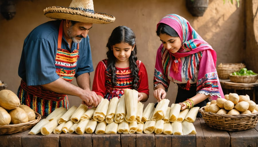 Multi-generational family preparing homemade tamales with masa, filling, and corn husks