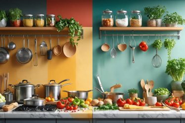 A split-image of a kitchen showcasing a cluttered, chaotic counter on one side and a neat, organized space on the other, symbolizing the impact of kitchen environment on mental states.