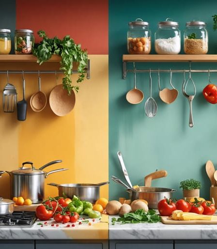 A split-image of a kitchen showcasing a cluttered, chaotic counter on one side and a neat, organized space on the other, symbolizing the impact of kitchen environment on mental states.