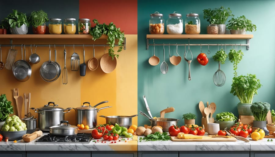 A split-image of a kitchen showcasing a cluttered, chaotic counter on one side and a neat, organized space on the other, symbolizing the impact of kitchen environment on mental states.