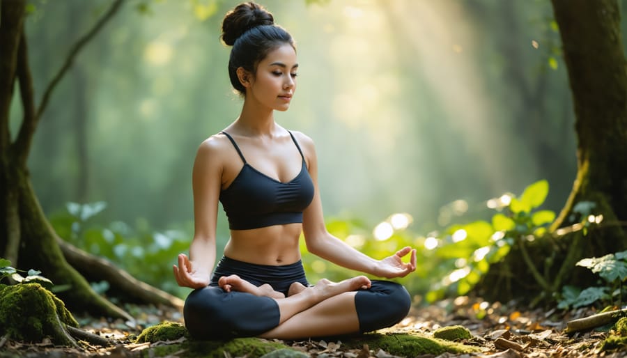 Woman practicing mindfulness meditation showing radiant, natural beauty