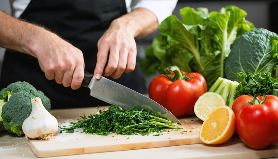 Individual practicing mindful cooking while carefully preparing vegetables